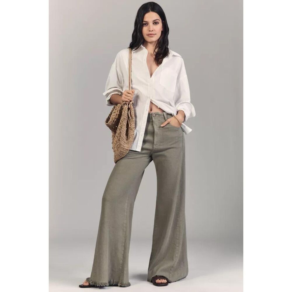 Pilcro Anthropologie Adi Linen Blend Flare Pants Womens 26 Mermaid Green Raw Hem